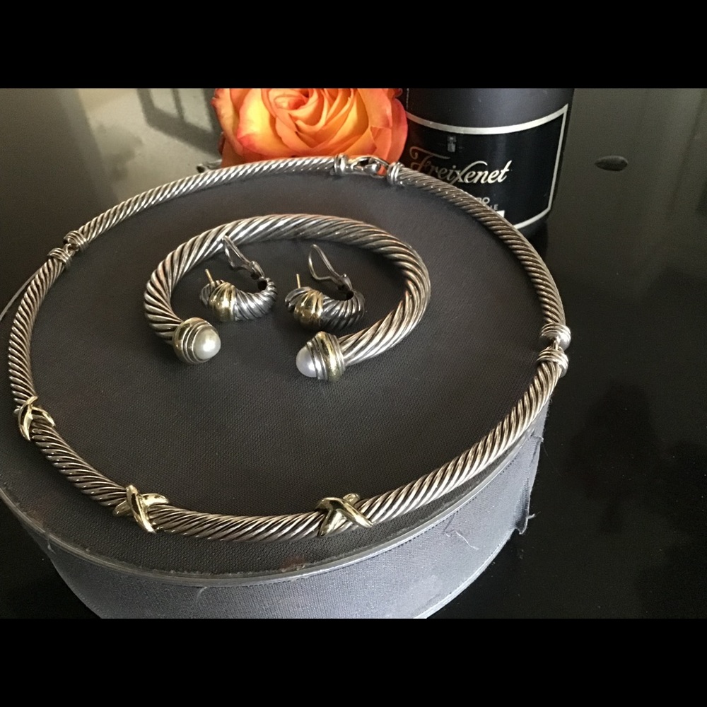 Yurman bracelet choker silver& 14k gold. Earrings